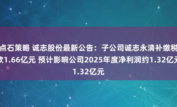 点石策略 诚志股份最新公告：子公司诚志永清补缴税款1.66亿元 预计影响公司2025年度净利润约1.32亿元